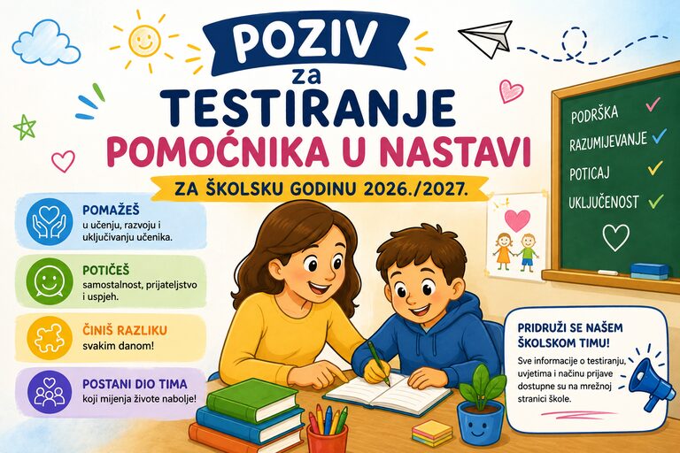 Poziv za testiranje pomoćnika u nastavi za školsku godinu 2026./2027.